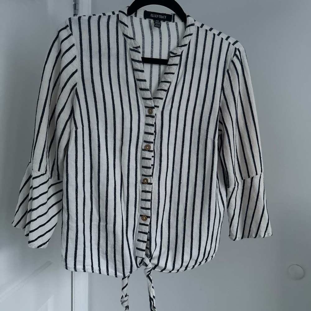 Ellen Tracy | Women's 3/4 Sleeve Tie Front Striped Button Down